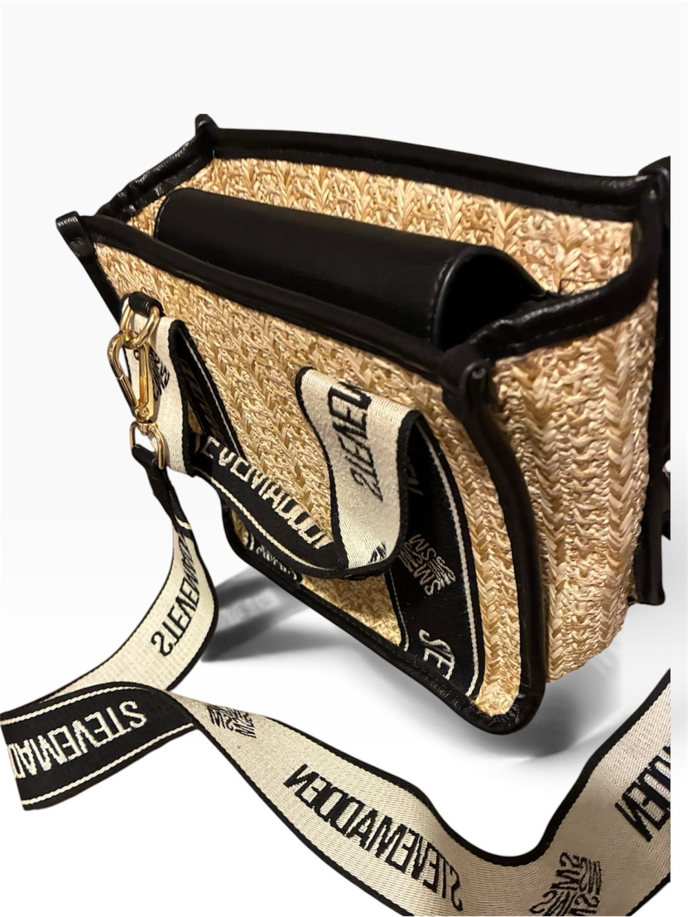 Steve Madden Straw Crossbody Bag & Change Zipper Pouch Black Trim & Logo Strap
